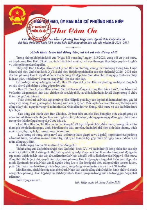 Thư cảm ơn của Ban chỉ đạo, Uỷ ban bầu cử phường Hoà Hiệp