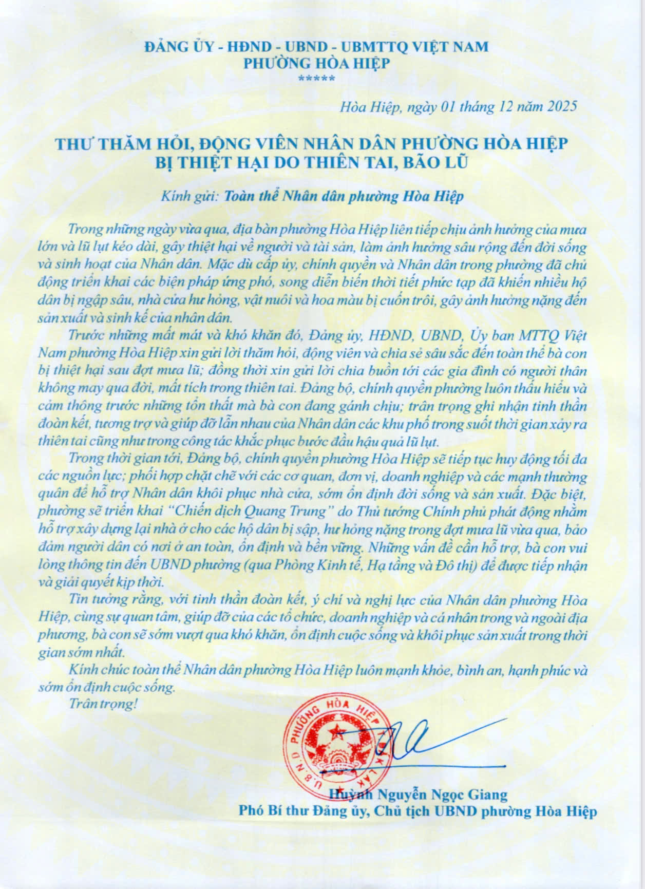 THƯ THĂM HỎI, ĐỘNG VIÊN NHÂN DÂN PHƯỜNG HÒA HIỆP BỊ THIỆT HẠI DO THIÊN TAI, BÃO LŨ