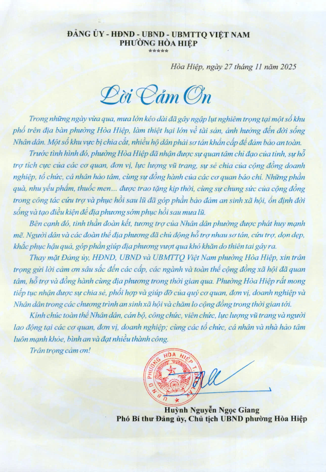LỜI CẢM ƠN TỪ ĐẢNG ỦY - HĐND - UBND - UBMTTQ VIỆT NAM PHƯỜNG HÒA HIỆP